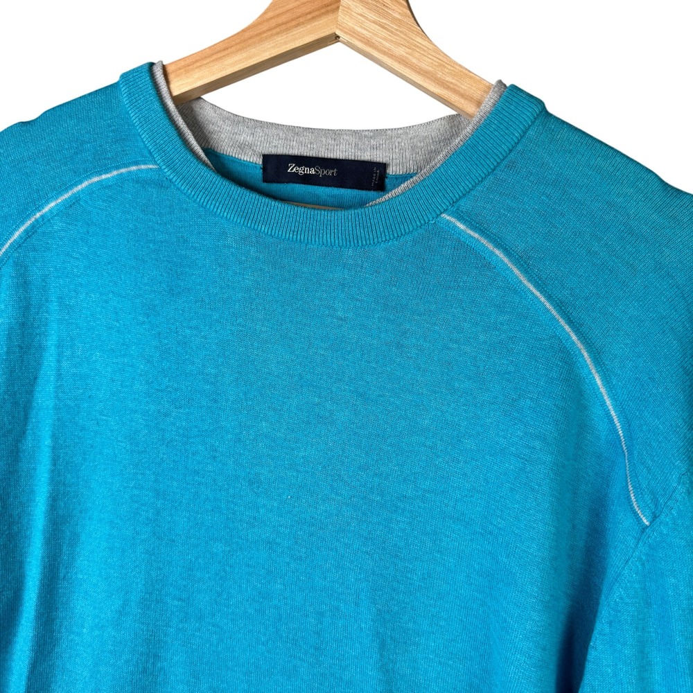 Zegna Sport Mens XXL Turquoise Cotton Cashmere Knit Crewneck Sweater SVS60 ZS110